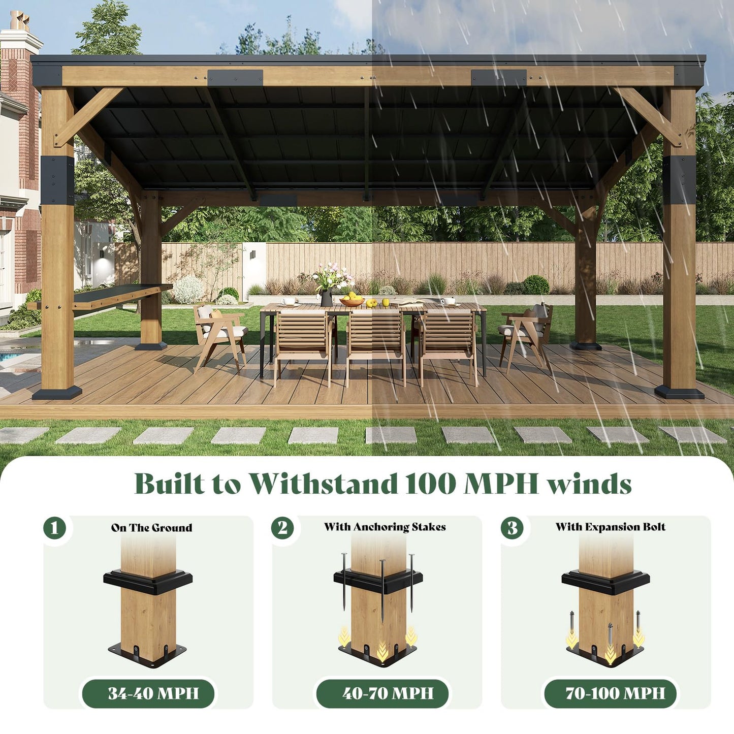 AMERLIFE 10x14 FT Spruce Wood Grill Gazebo with Bar Shelf, Hardtop BBQ Pavilion with Sloped Galvanized Steel Roof, Lean-to Outdoor Pergola for Deck, Backyard, Garden
