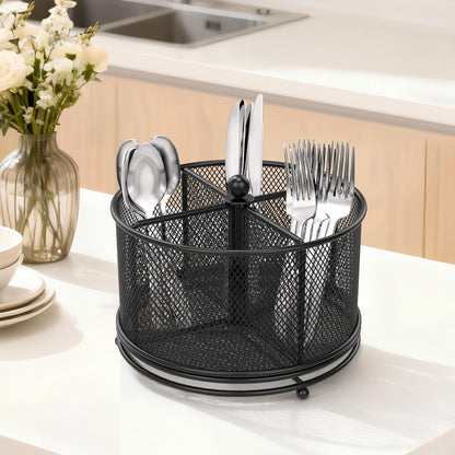 Fylsyd 360° Rotating Metal Utensil Caddy, 4 Compartment Silverware Cutlery Holder, Effortless Access Fork Spoon, Silverware Holder for Party Countertop Buffet Picnic Camping Outdoor (Black)