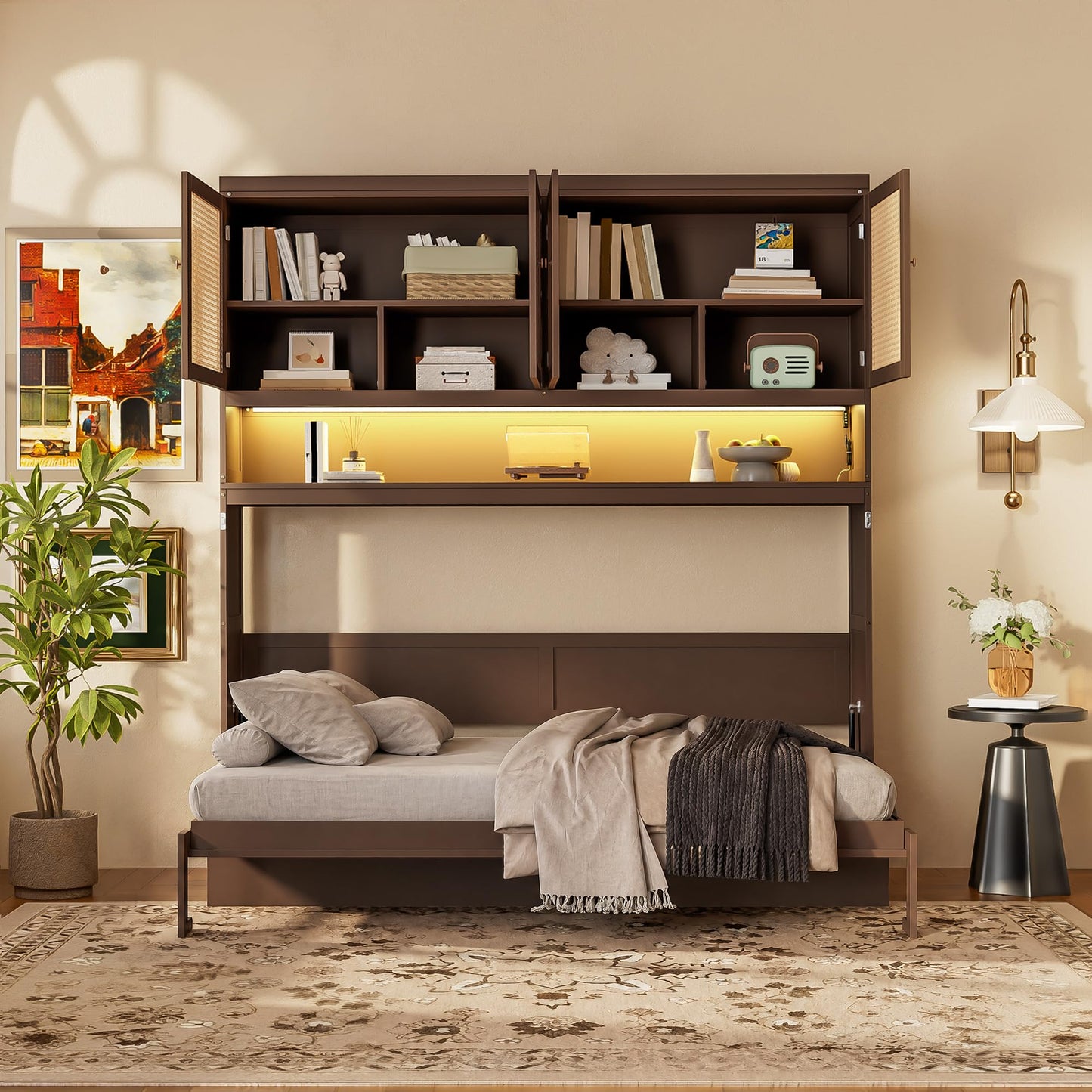 Merax Twin Murphy Bed Frame with Top Cabinet, Multi Storage Shelves & 4 Ratten Doors, 2-in-1 Bed Desk Space Saving Foldable Wall Bed with Light & USB Charging Ports, Espresso