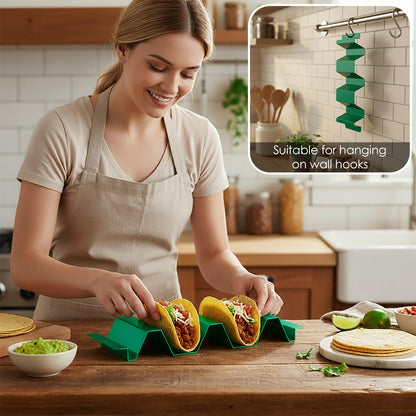 Junverelle 4 Pack Stainless Steel Taco Holder Stand, Integrated Molded Taco Rack with Hanging Hole, Oven & Grill Compatible Taco Shell Holder for 2 or 3 Tacos, Dishwasher Friendly, Green