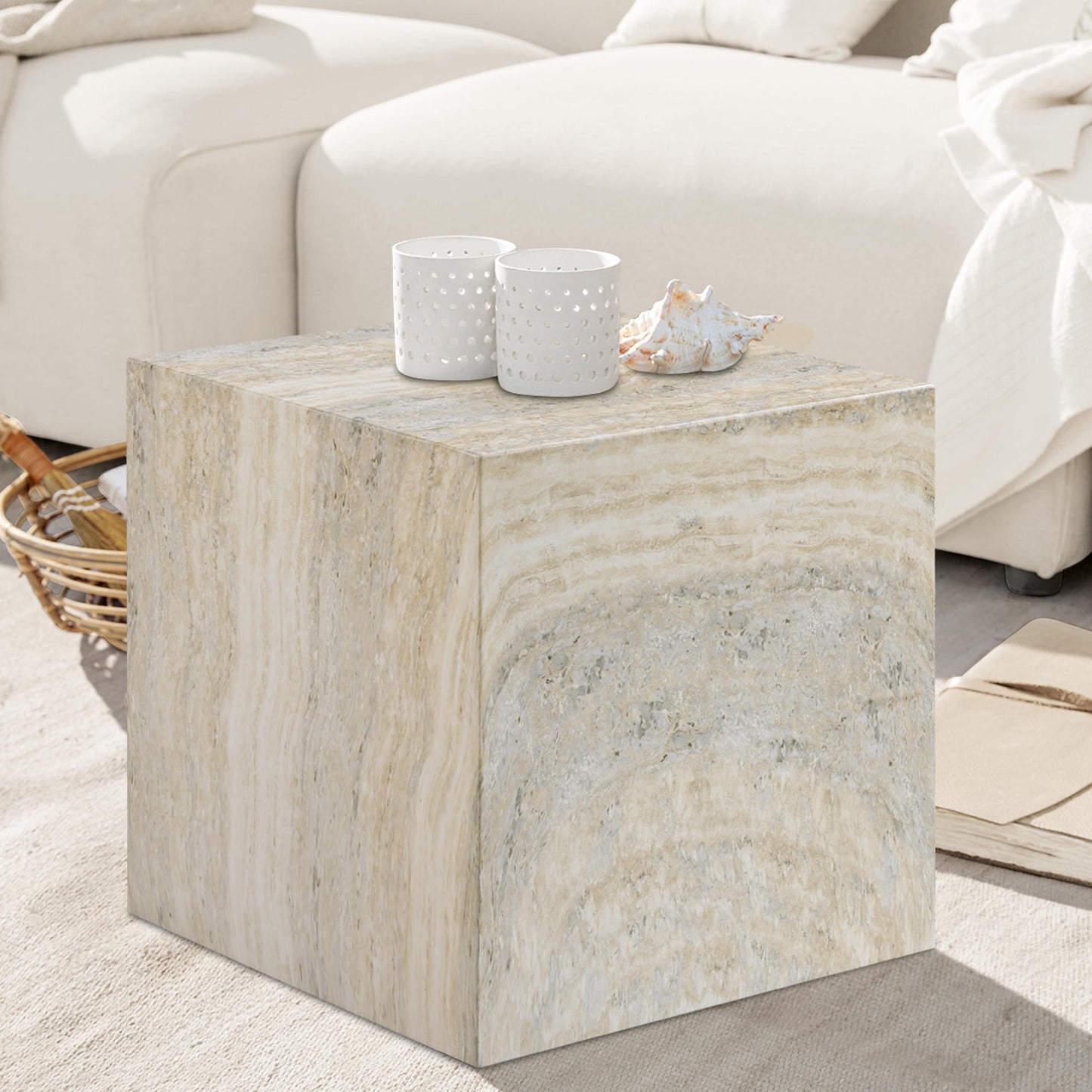Meridian Furniture 99029Travertine-ET Piazza Collection Art Deco Indoor/Outdoor Concrete End Table with Travertine Finish, 16" W x 16" D x 16" H, Travertine