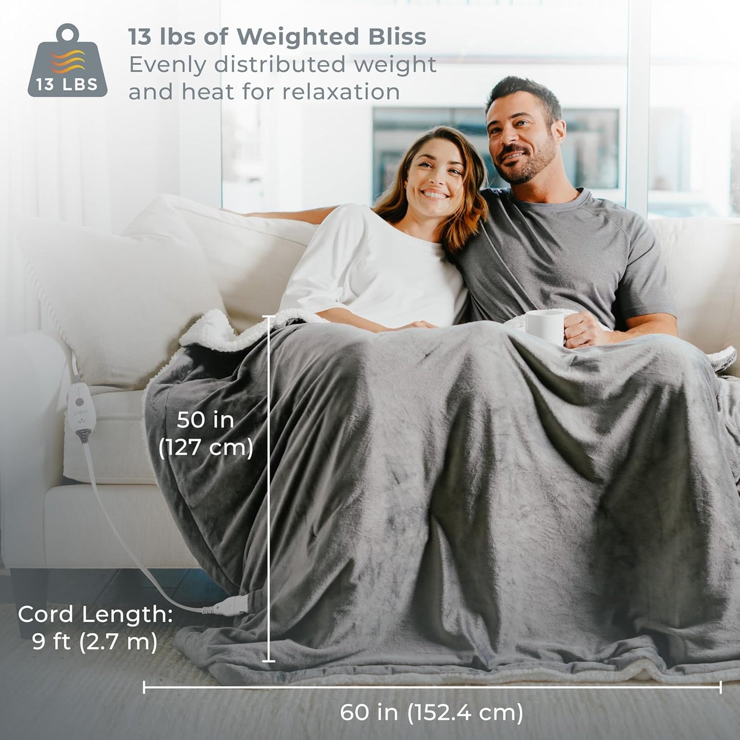 Pure Enrichment WeightedWarmth - 2-in-1 Heated Weighted Blanket, 13 lbs (50” x 60”) Large, 4 Relaxing InstaHeat™ Settings, Cozy and Soft Micromink and Sherpa, Reversible Throw with Storage Bag