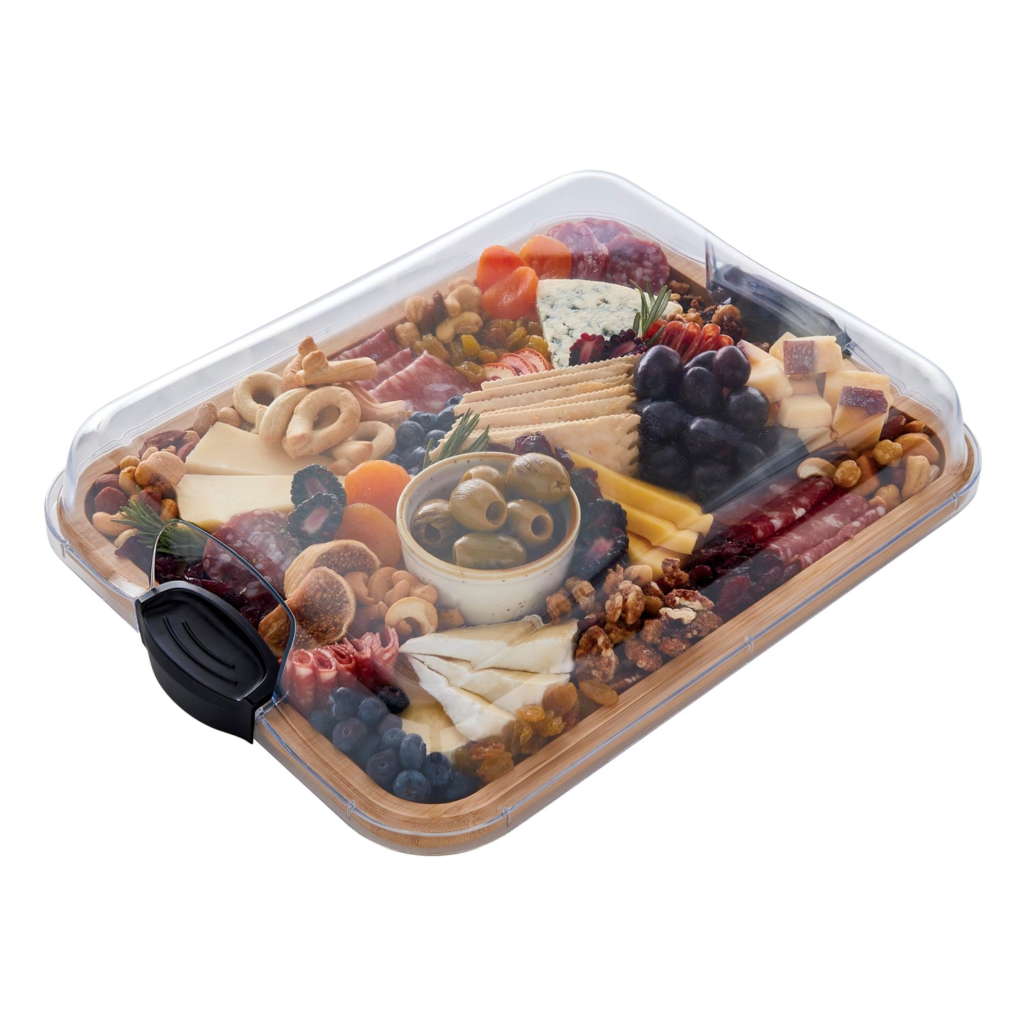 Farberware Build-A-Board Bamboo Cutting Board with Single Storage Compartment, Clear Locking Lid, Black Handles, Perfect for Charcuterie & Snacks
