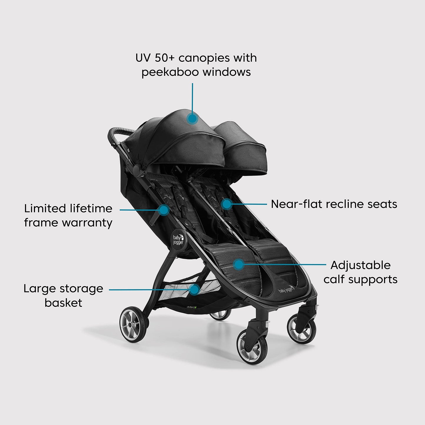 Baby Jogger® City Tour 2 Side by Side Double Stroller, Compact Twin Stroller Design, Easy-To-Maneuver, Fits Through Standard Doorways, Compact One-Step Fold Design, Baby Travel Essential, Pitch Black
