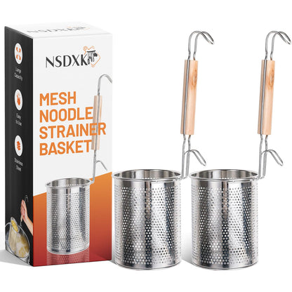 NSDXK 2 Pack Pasta Basket, Stainless Steel Mesh Noodle Strainer Basket with Wooden Handle, for Boiling Food, Pasta, Noodles, Dumpling, Ramen, 4.3''D x 5.7''H