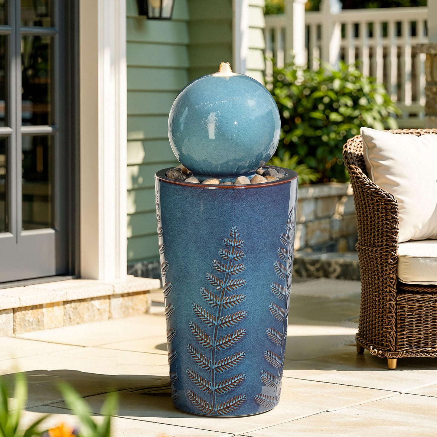 Autodaya 29.5" H Ceramic Sphere Water Fountain with LED Lights, Modern Nature-Inspired Design, Teal Blue Glaze with Leaf Patterns & Pebbles, Soothing Trickling Water Feature for Patio, Yard and Garden
