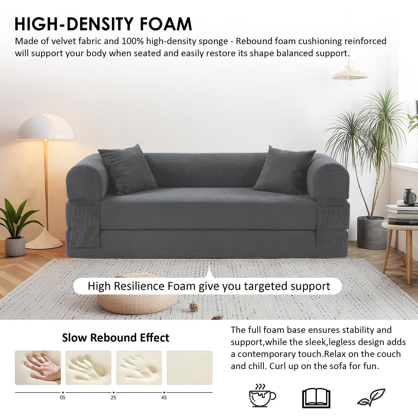 80” Convertible Sofa Bed, Cloud Boneless Couch Floor Sleeper Bed with Pillows, Corduroy Compression Sofa in Box, No Assembly Modular Lounge Couch for Living Room, Smog Gray