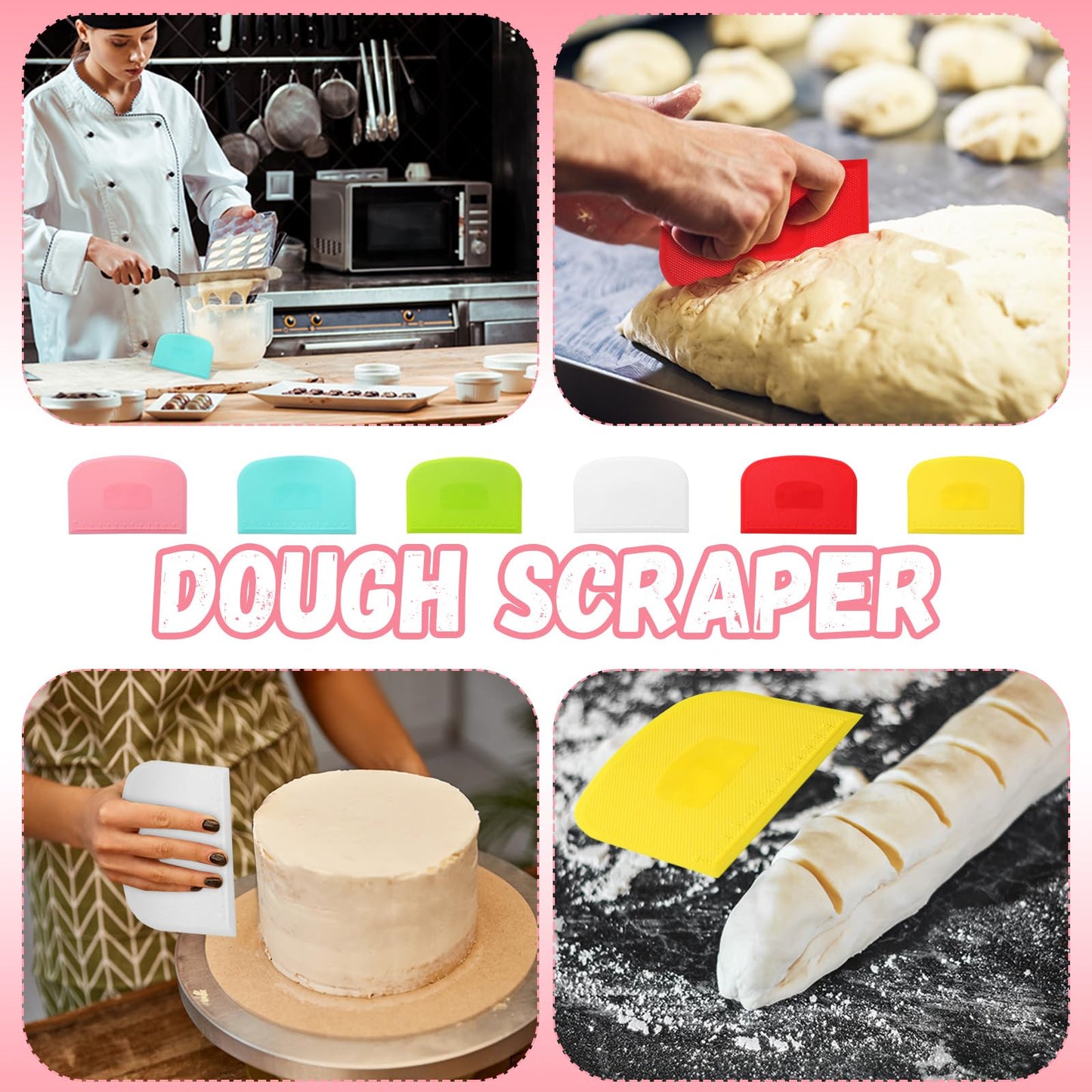 Uiifan 24 Pcs Plastic Bench Scraper with Scale Flexible Dough Multipurpose Cake Cutter Pizza Dough Spatula Food Scraper Tool Gift for Bread Pastry Fondant Icing, 6 Colors