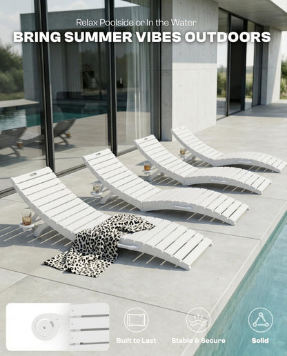 Tobeos Folding HDPE Pool Lounge Chairs Set of 2, Pre-Assembled Outdoor Chaise Lounge with Cup Holder for Poolside, Tanning Ledge, Pool Deck or Beach, Sandbag Not Included (White)