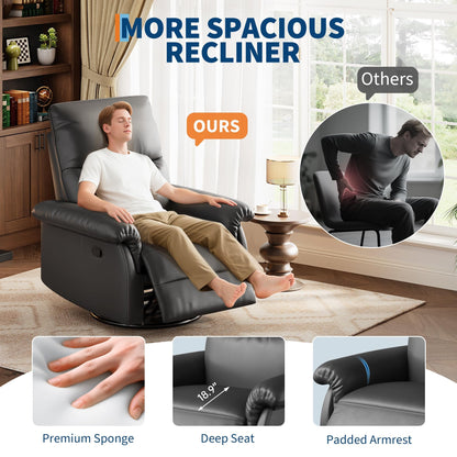 GarveeHome Recliner Chair, 360° Swivel Rocker Glider Nursery Chair with Padded Armrest and Deep Seat, PU Leather Upholstered Reclining Sofa Chair for Living Room, Bedroom and Nursery (Black)