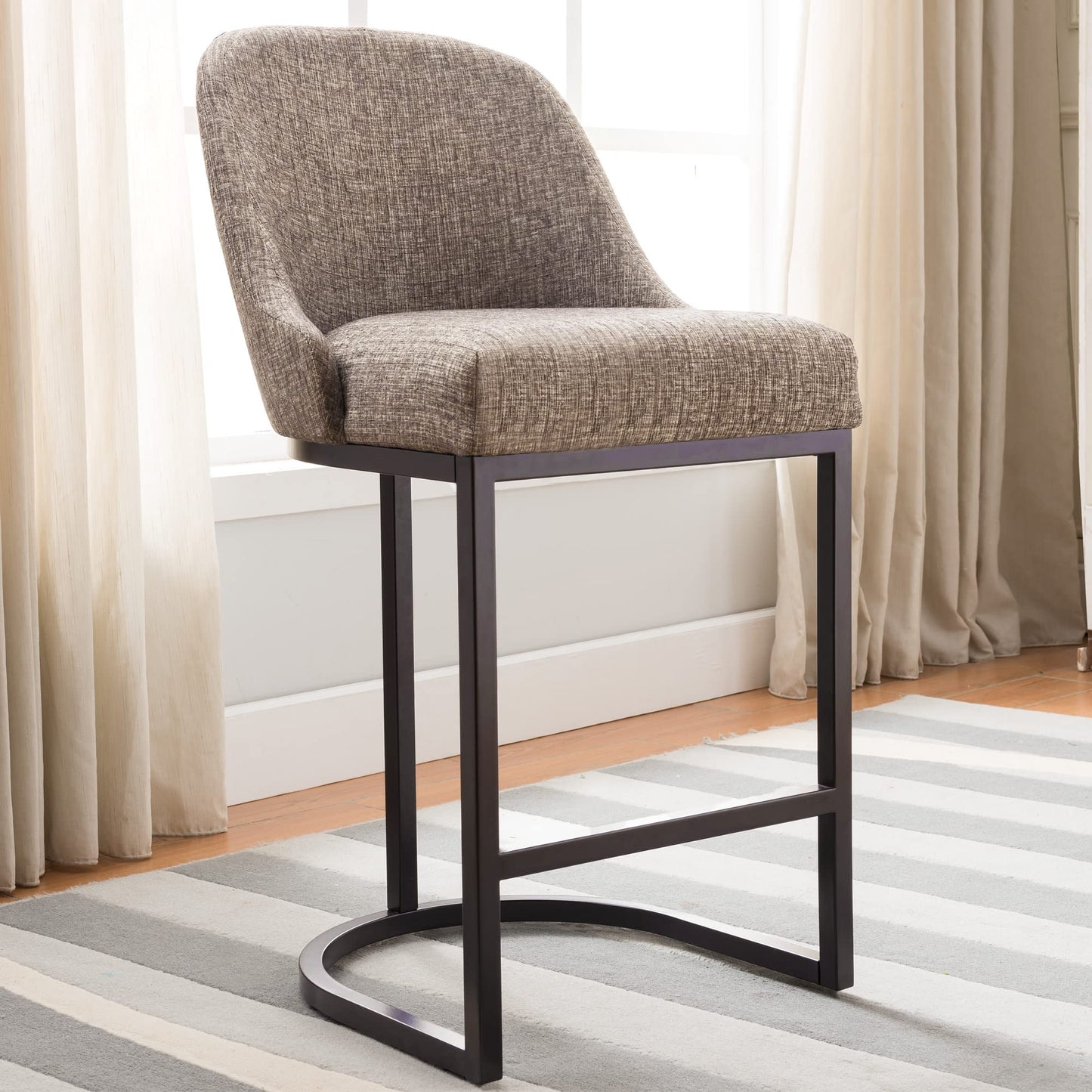 Leick Home 214965 Barrelback Counter Stool with Metal Base, Set of 4, for Elevated Kitchen Counters, High Top Tables, and Bars, Modern Gray Linen Seat and Brown Metal Base