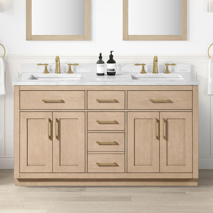 OVE Decors Athea 60 in. Double Sink Freestanding Sahara Birch Bathroom Vanity with White Engineered Marble Top, Matching Backsplash, Power Bar and Brushed Gold Hardware