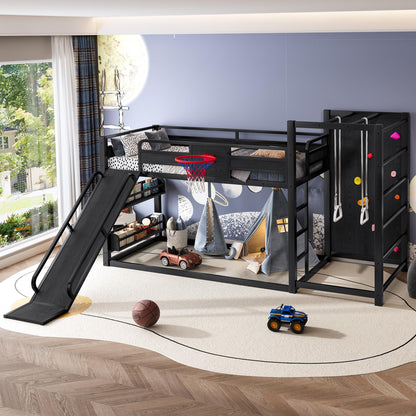 Bellemave Twin Size Bunk Bed with Basketball Hoop, Pull-up Rings and Climbing Wall, Twin Bunk Bed with Slide and Bookcase, Heavy Duty Bunk Beds with Guardrail, Black