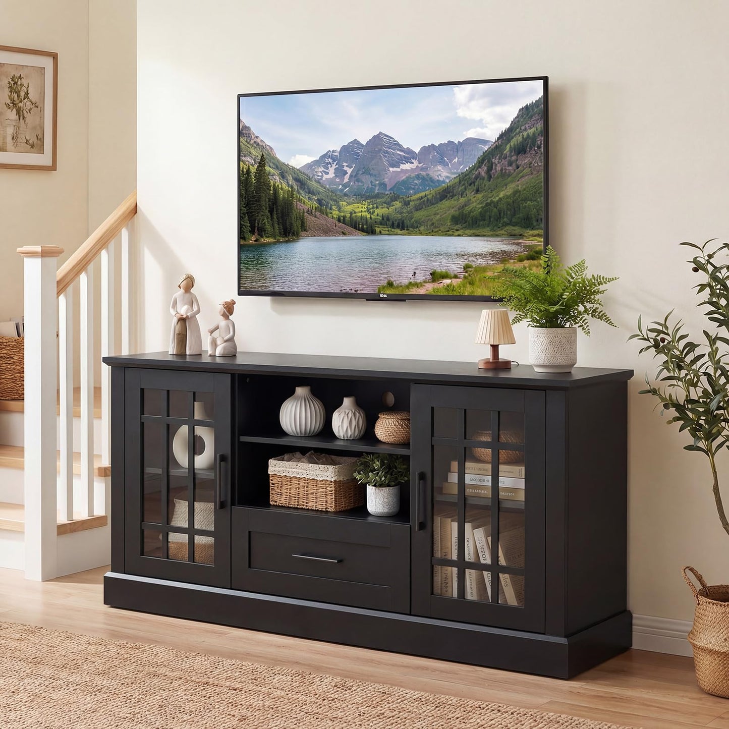 LDAILY 63" Farmhouse TV Cabinet, TV Console Table w/ 2 Side Cabinets & Drawer & Cable Management Holes, Modern TV Stand for TVs up to 70", Entertainment Center for Living Room, Bedroom (Black)