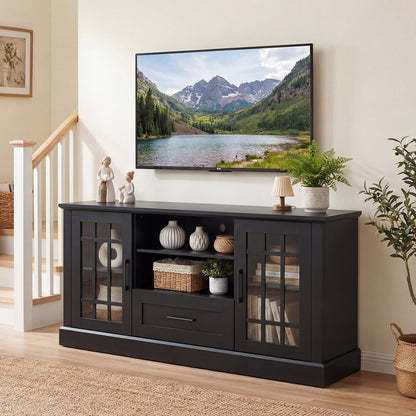 LDAILY 63" Farmhouse TV Cabinet, TV Console Table w/ 2 Side Cabinets & Drawer & Cable Management Holes, Modern TV Stand for TVs up to 70", Entertainment Center for Living Room, Bedroom (Black)