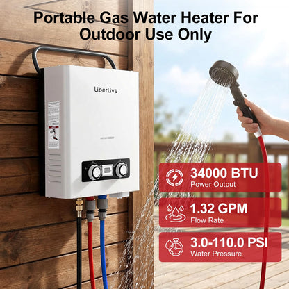 Propane Tankless Water Heater, 5L 1.32 GPM Outdoor Portable Gas Instant Hot Water Heater with Digital Display Overheating Protection, for Camping Barn Cabin RV White
