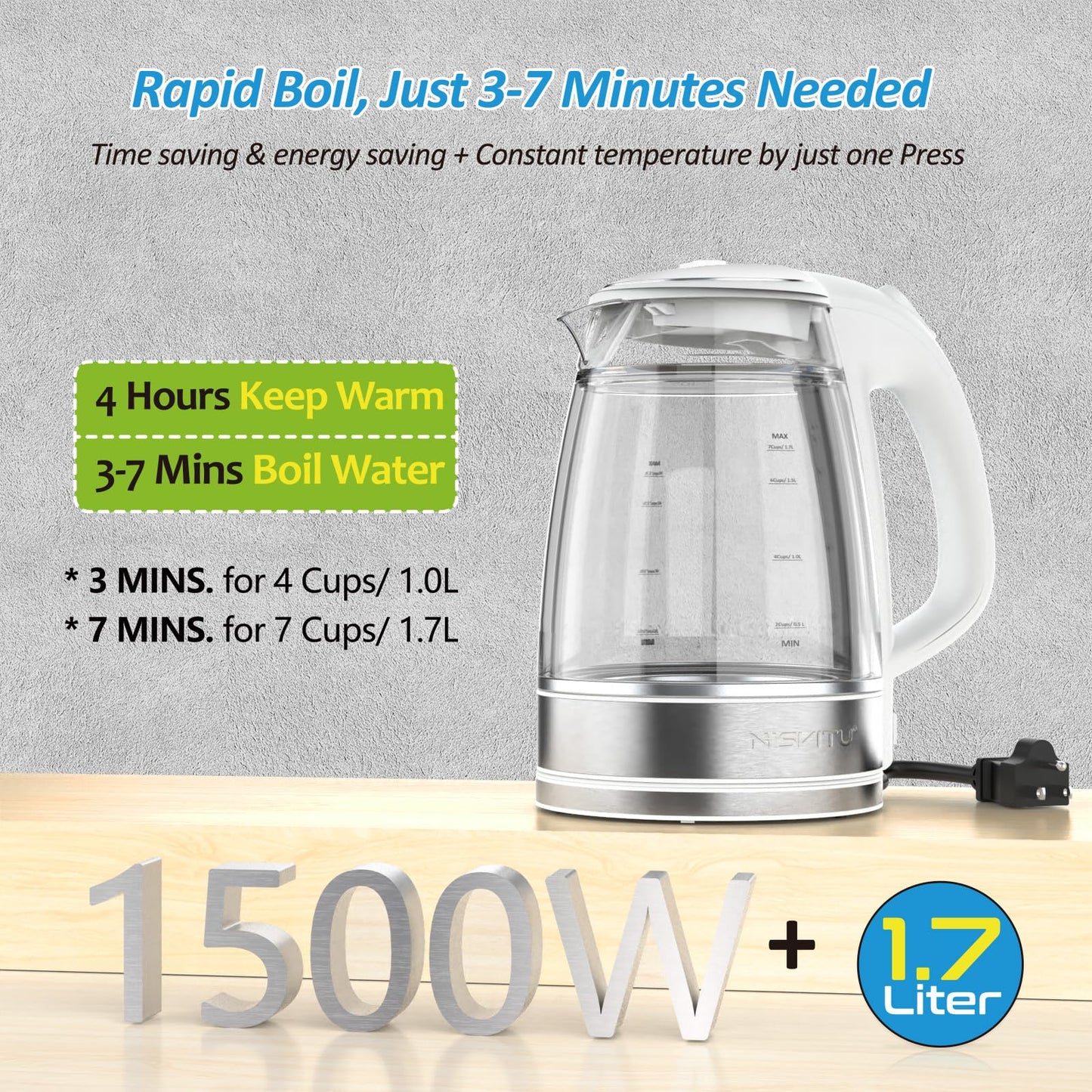 NISVITU 1.7L Dual Wall Cool Touch Electric Kettle, BPA-Free Borosilicate Glass Inner, PC Outer, 1500W Fast Boil Cordless Hot Water Boiler & Electric Tea Kettle, Keep Warm, Auto Shut-Off, White
