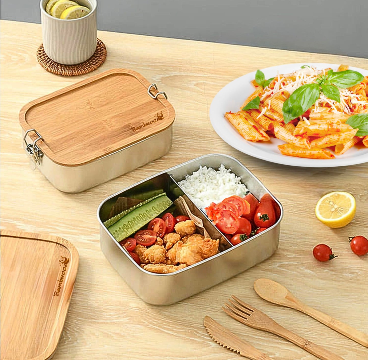 Bambuood Premium Stainless Steel Bento Lunch Box. Eco-Friendly Meal Storage, Food Container With 100% Leak-Proof Bamboo Lid. For Adults, Work, Travel Use. Free Bamboo Cutlery. LARGE (41 oz)