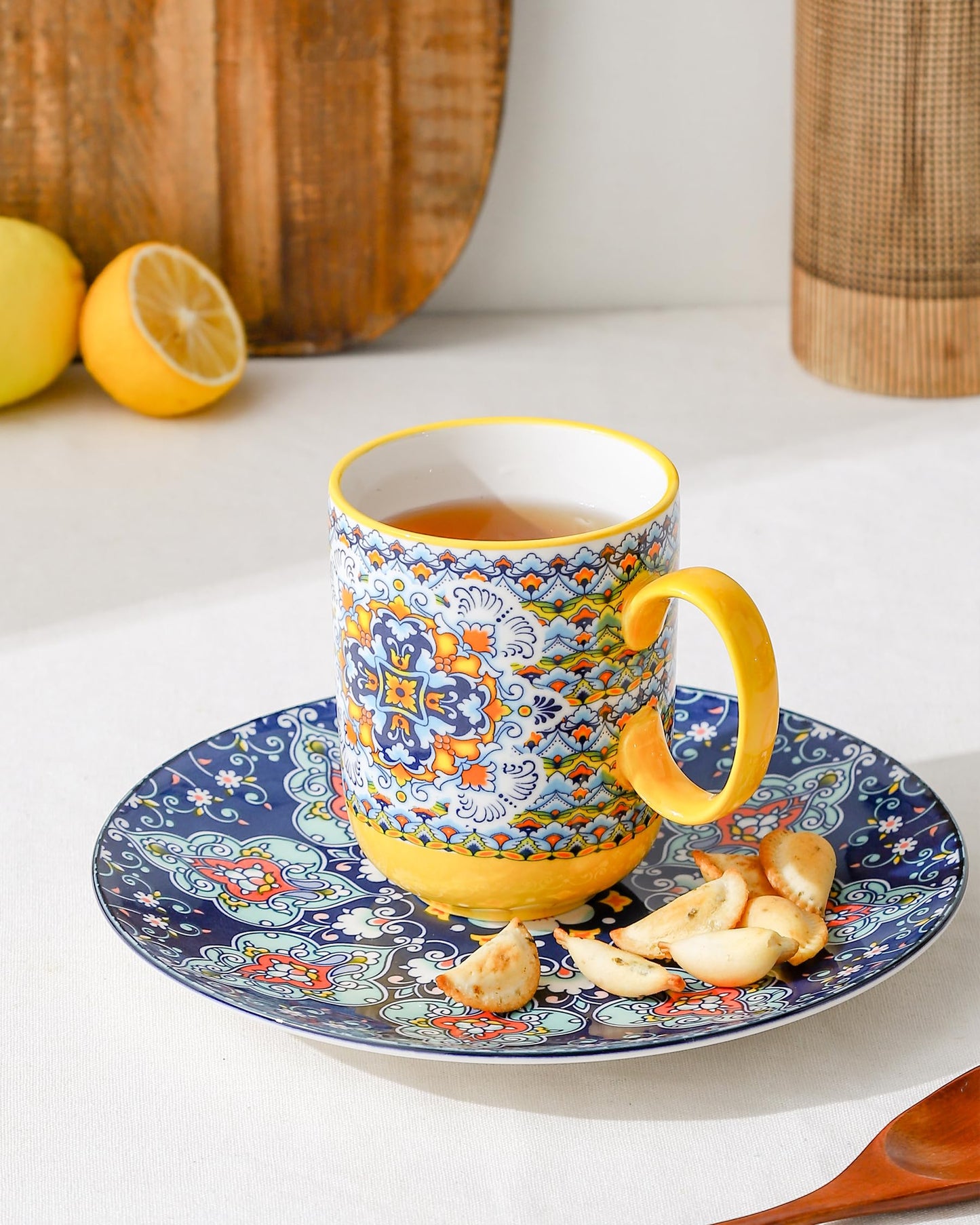 HENXFEN LEAD Boho Ceramic Coffee Mugs Set of 6 – 14 oz Porcelain Cups for Latte, Cappuccino, Tea & Cocoa – Microwave & Dishwasher Safe