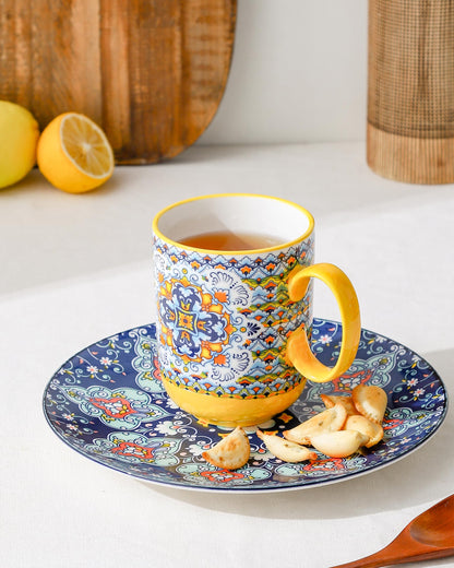 HENXFEN LEAD Boho Ceramic Coffee Mugs Set of 6 – 14 oz Porcelain Cups for Latte, Cappuccino, Tea & Cocoa – Microwave & Dishwasher Safe