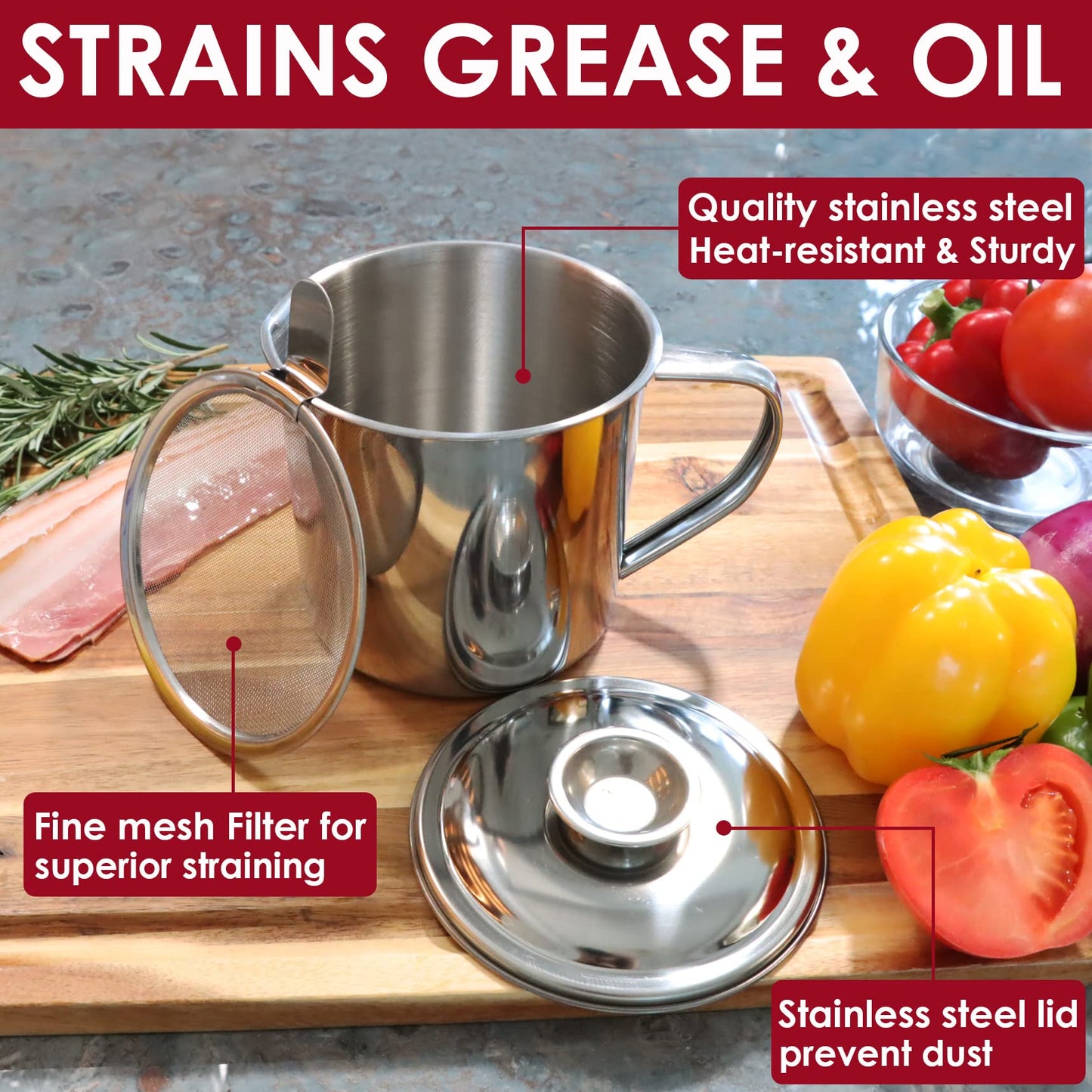 KEISSCO Bacon Grease Container with Strainer, Stainless Steel Oil Storage Can Container with Fine Mesh Strainer Fat Container Pot with Filter Screen, 1.25 QT / 5 Cups Grease Keeper Cooking Oil Keeper