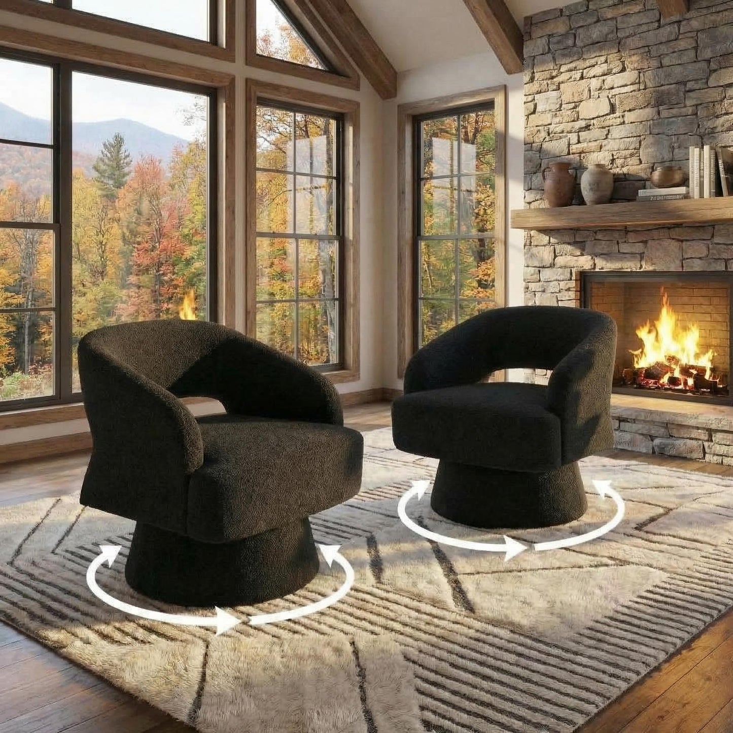 IDEALHOUSE Modern Swivel Accent Chairs Set of 2, Oversized Teddy Barrel Chairs, 360° Thickened Soft Cushion Rotating Round Arm Chairs for Living Room, Bedroom, Reading Nook, Black
