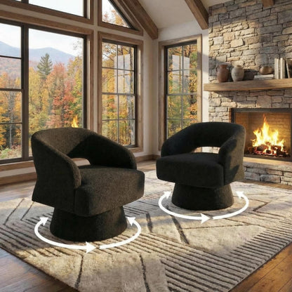 IDEALHOUSE Modern Swivel Accent Chairs Set of 2, Oversized Teddy Barrel Chairs, 360° Thickened Soft Cushion Rotating Round Arm Chairs for Living Room, Bedroom, Reading Nook, Black