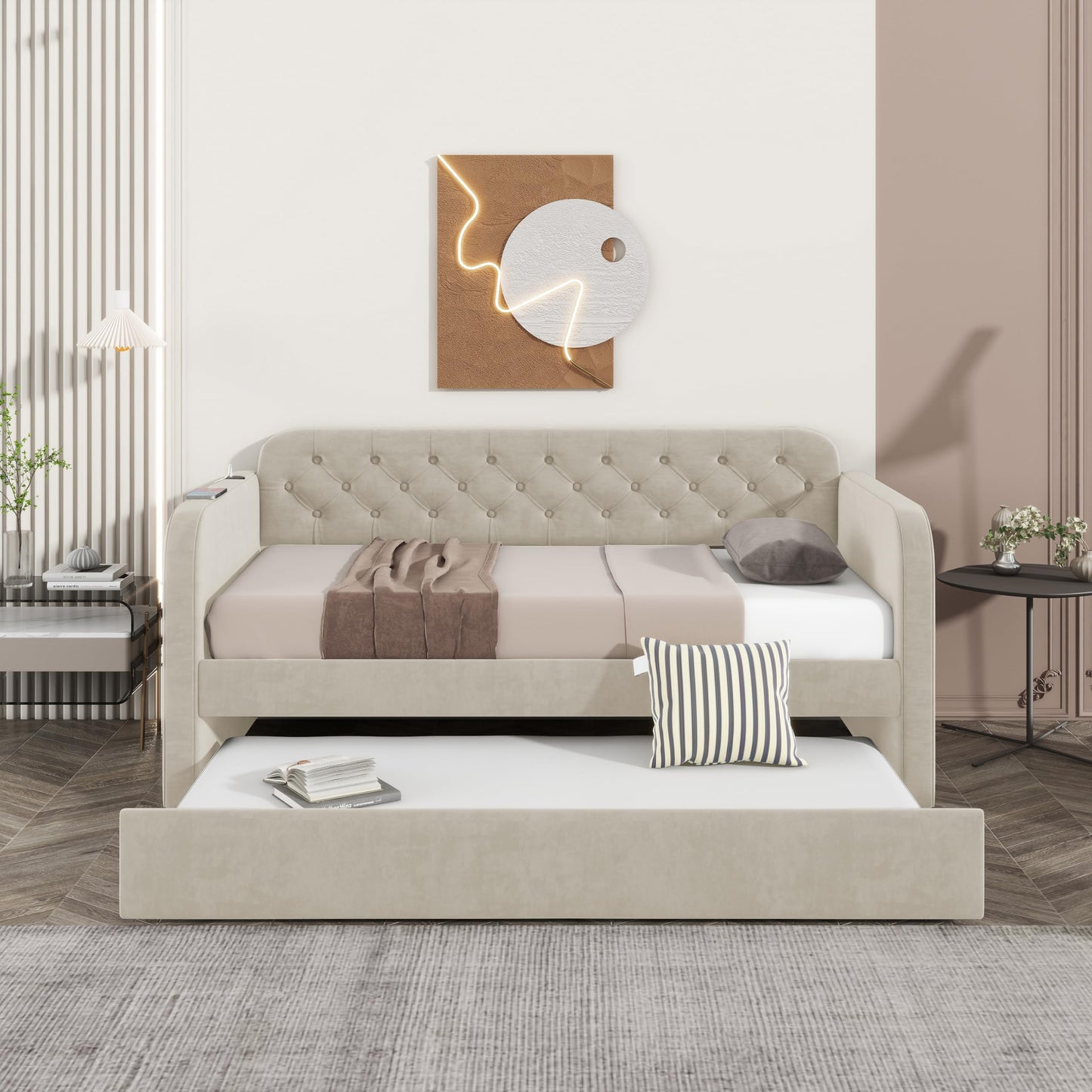 GDFStudio Twin Size Daybed with Trundle, Velvet Upholstered Twin Bed Frame with Headboard & USB Charging Station, Tufted Wood Platform Sofa Bed, Solid Slap Sofa Bed, No Box Spring Needed, Light Beige