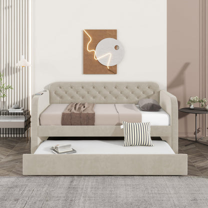 KEIKI Twin Upholstered Daybed with Trundle & USB Charging, Plush Velvet Button-Tufted Headboard Twin Bed Frame with Wood Slats, Sofa Bed for Living Room or Bedroom, Light Beige