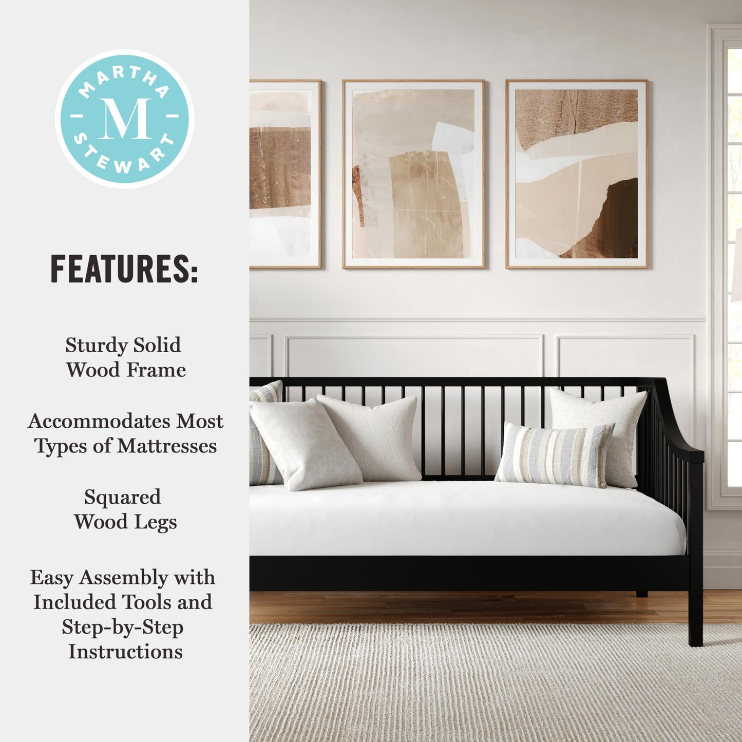Martha Stewart Neely Platform Daybed with Wood Spindles, Solid Wood Frame, No Box Spring Needed, Twin Size, Black