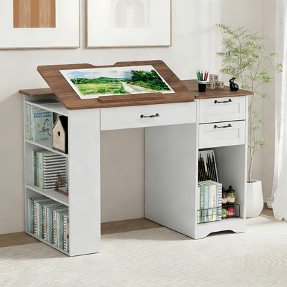 Lurinthal Drafting Table with Storage Cabinet & Drawers, Adjustable Drawing Desk with Open Shelves, Craft Table Painting Desk for Artists, Painters, Drawing, Crafting, Reading, Writing, Working