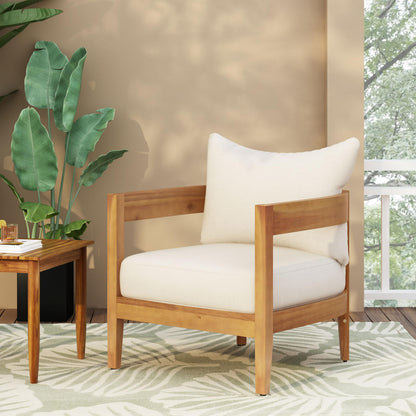 Christopher Knight Home Nadine Outdoor Accent Chair, Acacia Wood Club Chair, Tub Shape Design Armchair, Comfort Cushions Seating, Slat Open Back Reading Sofa for Balcony Backyard Garden, Teak+Beige