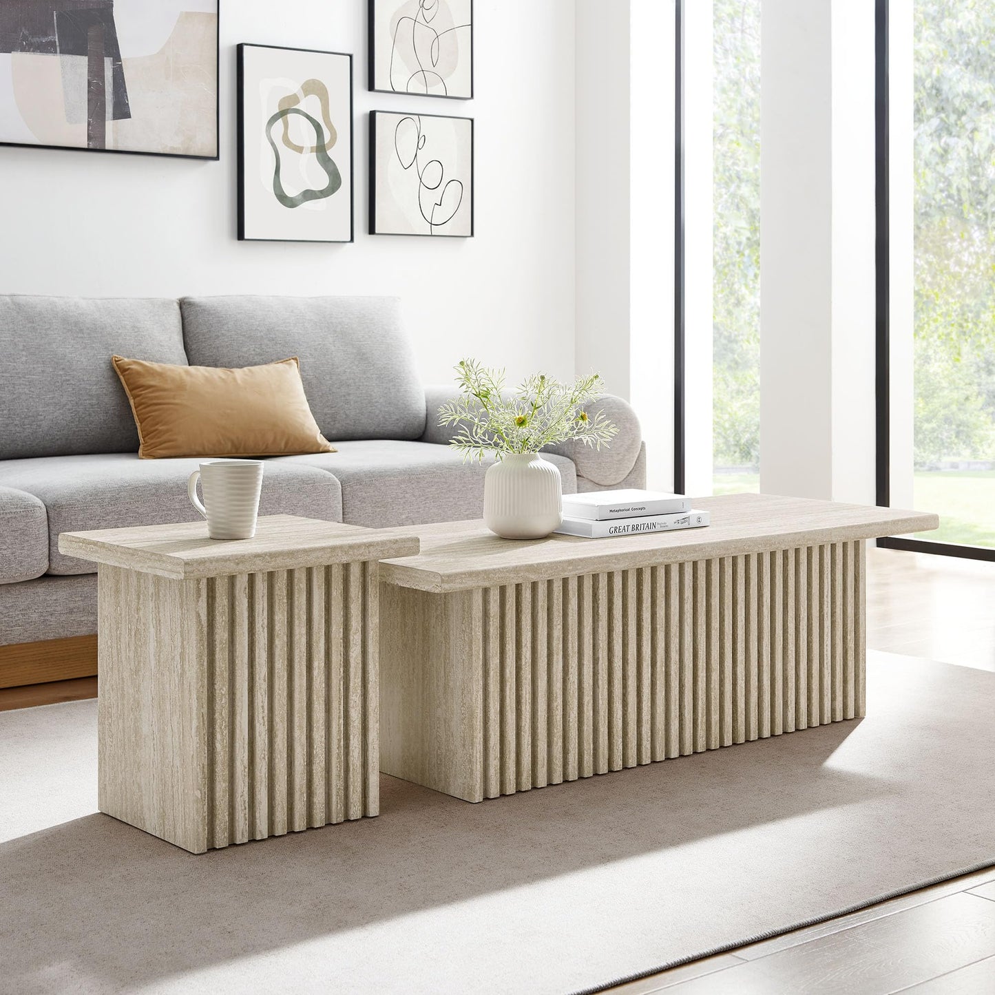 Modway Render Faux Travertine Slatted Nesting Coffee Table Set in Travertine - 2 Piece Low Profile Coffee Table Mid Century Modern - Abstract Coffee Tables for Living Room - Nested Accent Tables