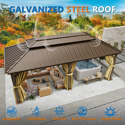 HOTEEL 12x20 Hardtop Gazebo on Clearance with Metal Roof & Drainage System, Heavy Duty Galvanized Steel Gazebo with Aluminum Frame, Privacy Curtains and Netting, for All-Weather, Brown(2026 Upgraded)