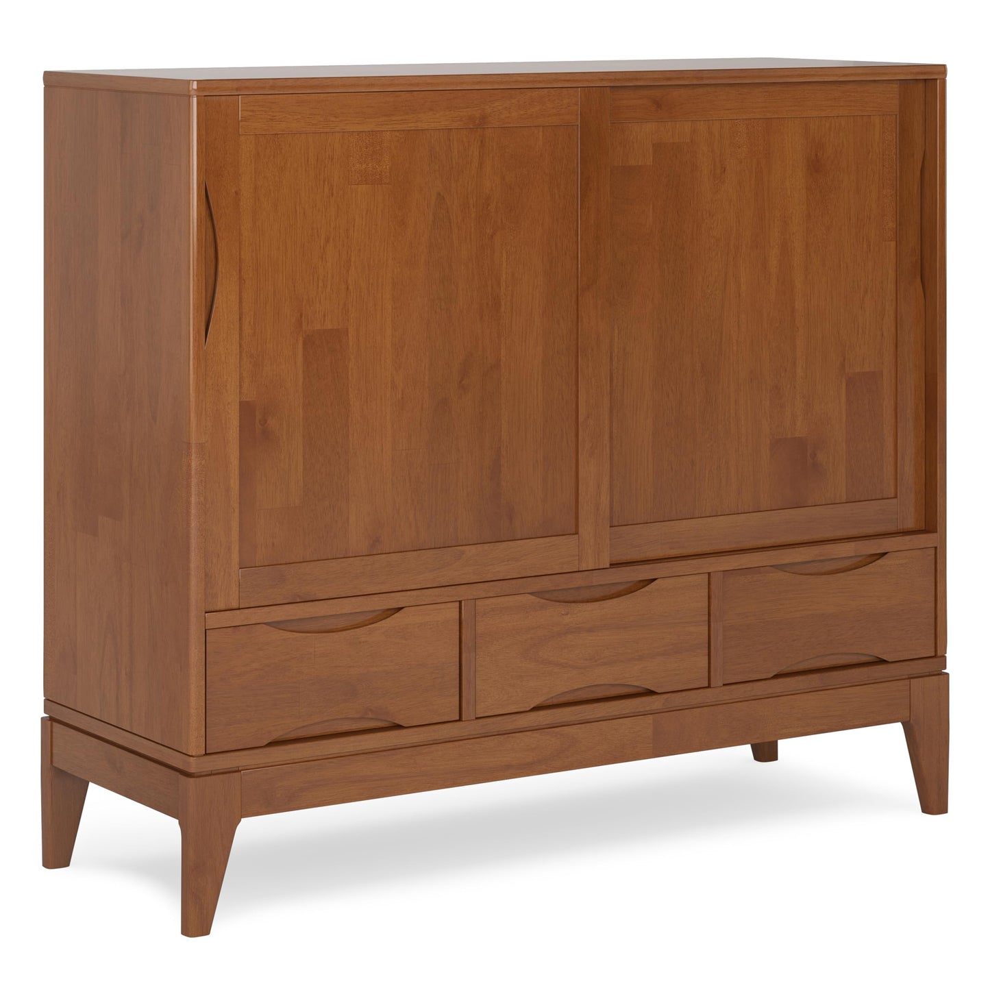 SIMPLIHOME Harper Medium Storage Cabinet - 48 inch Wide Solid Hardwood Sliding Door Cabinet in Teak Brown, Mid-Century Modern Cupboard for Living Room or Entryway with 3 Drawers and Tapered Legs