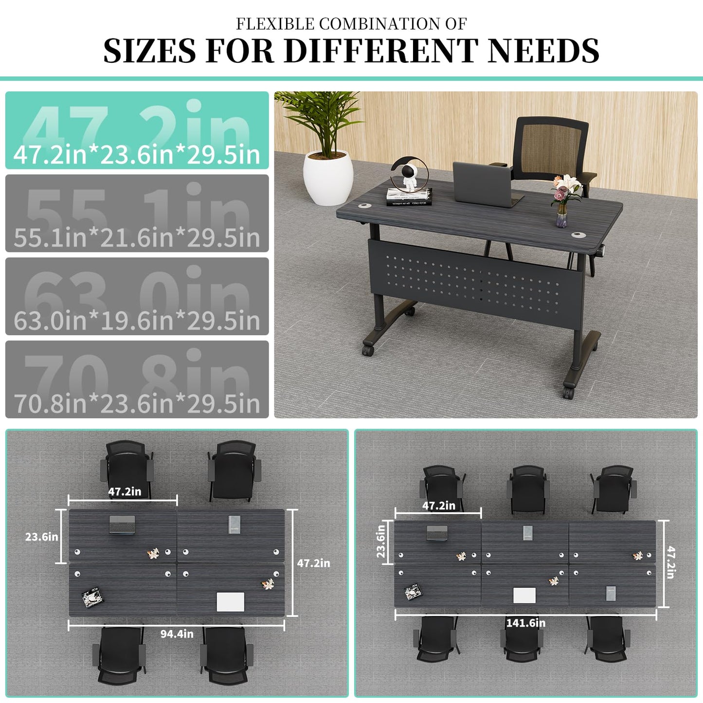 8PCS Folding Training Table with Wheels,Modular Conference Tables, 47IN Conference Room Table with Cable Grommets,Flip Top Mobile Meeting Tables for School Office Seminar Classroom,2-30 Person