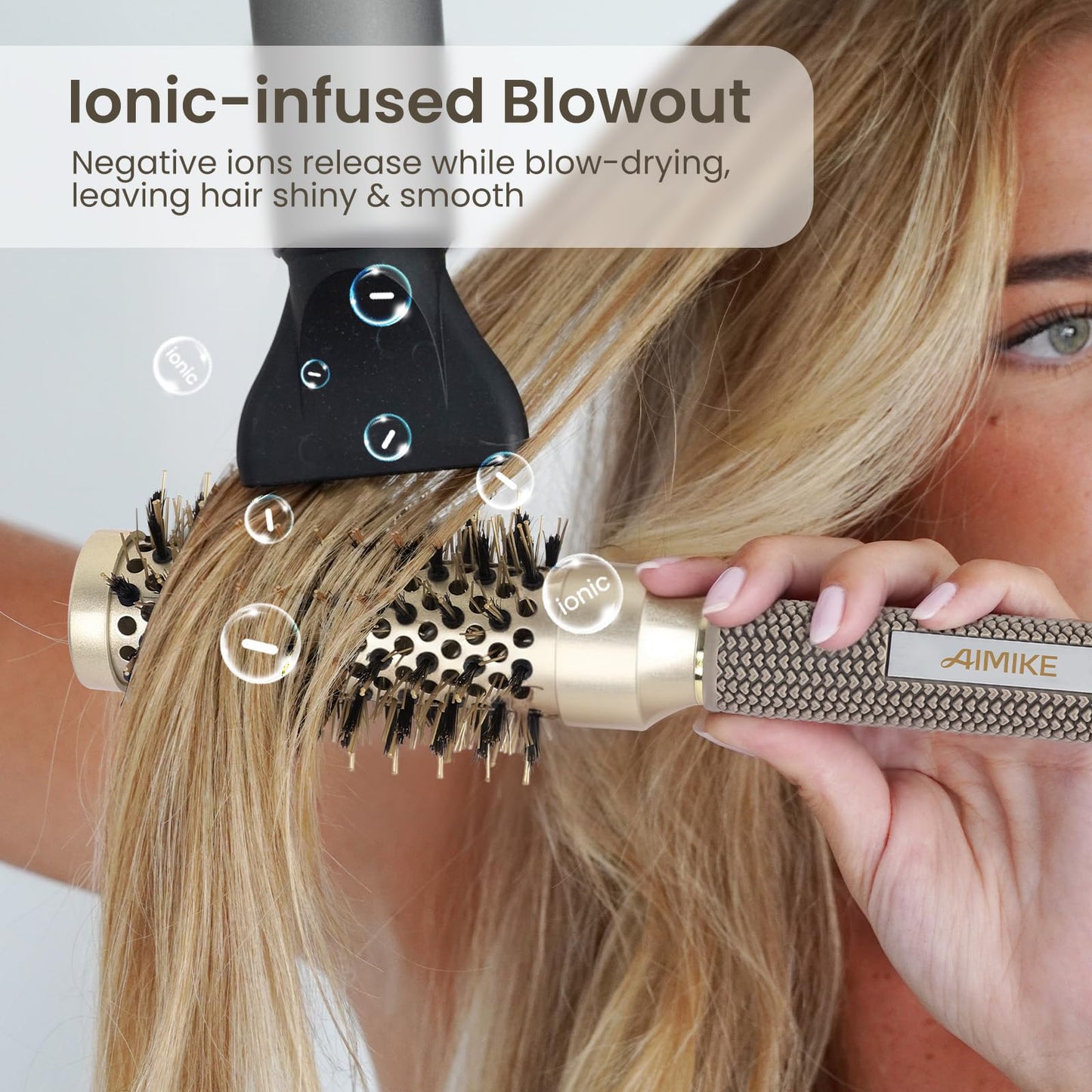 AIMIKE Round Brush for Blow Out, Medium Round Hair Brush Nano Thermal Ceramic & Ionic Tech, for Blow Drying & Styling, Curling and Shine - 2.9 inch Barrel w/Boar Bristles