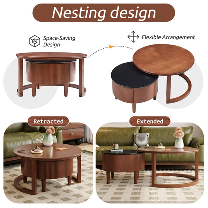 Merax 31.5'' Vintage Round Nesting Wood Coffee Table Set, 2-Tier with Drawer & Storage, Two-Tone Finish Fluted Design for Living Room Apartment, Walnut+Black