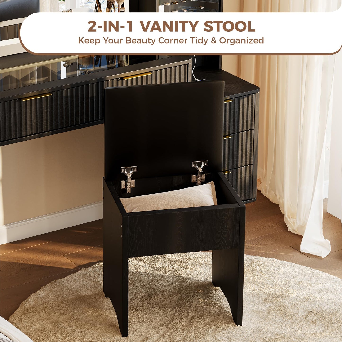 Garvee Vanity Desk with Lighted Mirror, Makeup Vanity with Charging Station, Glass Top Dressing Table with Cushioned Storage Stool for Bedroom, Black