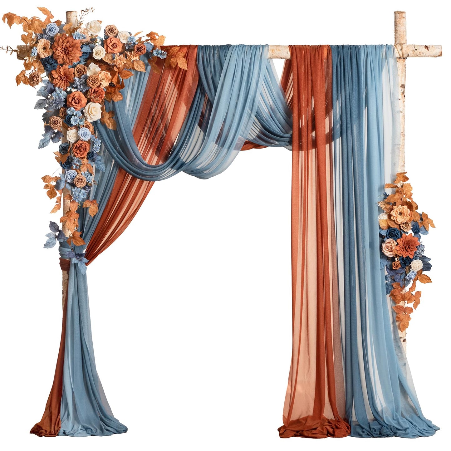 Ling's moment Fall Wedding Arch Flowers with Sheer Drapes Kit - Artificial Orange and Navy Blue Floral Arrangements for Ceremony Backdrop, Arbor Decor, 5-Piece Set (2 Flower Stems + 3 Hanging Drapes)