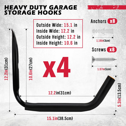 SEDY 4-Piece 15" 100 Lbs Heavy Duty Garage Storage Hooks, Kayak Storage Rack Garage Hooks Jumbo Arm Kayak Wall Mount for Hanging Surfboard Snowboard Paddle Board Ladders Bikes