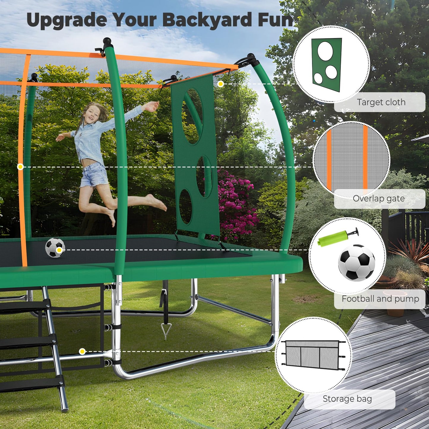Lyromix 16FT Outdoor Rectangle Trampoline for Kids and Adults, Rectangular Trampoline with Curved Poles, Pumpkin Trampolin with Light, Sprinkler, Soccer and Storage Bag