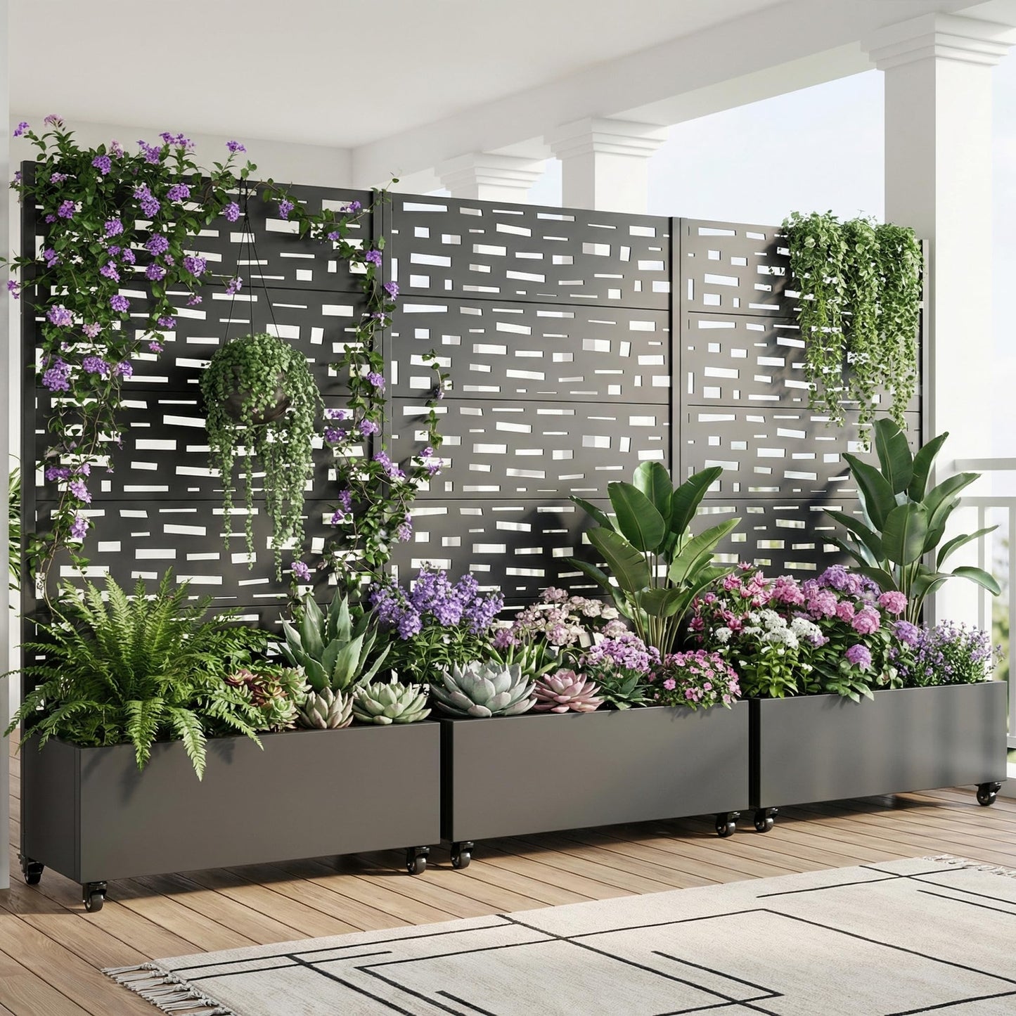 Wooakway 72" H Raised Garden Bed with Trellis and Wheels, Metal Privacy Screen Outdoor Planter Box for Patio, Backyard & Balcony, Large Capacity Mobile Vertical Planter for Climbing Plants, Black