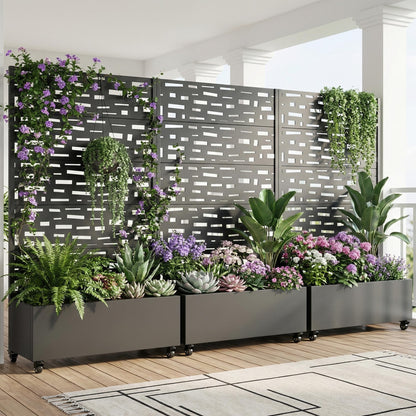 Wooakway 72" H Raised Garden Bed with Trellis and Wheels, Metal Privacy Screen Outdoor Planter Box for Patio, Backyard & Balcony, Large Capacity Mobile Vertical Planter for Climbing Plants, Black