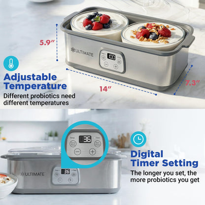 Ultimate Probiotic Yogurt Maker with Adjustable Time & Temperature Control, Make Trillions of Probiotics for Better Gut Health, Two 1-Quart Containers for Larger Batches, ULTIMATE LIFETIME WARRANTY