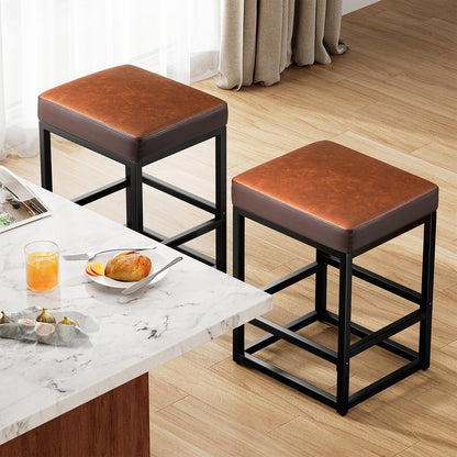 Raynesys Counter Height Bar Stools Set of 2, 24" Barstools for Kitchen Countertop, Faux Leather Counter Stools with Thick Square Seats & Sturdy Metal Base, Simple Assembly, Brown
