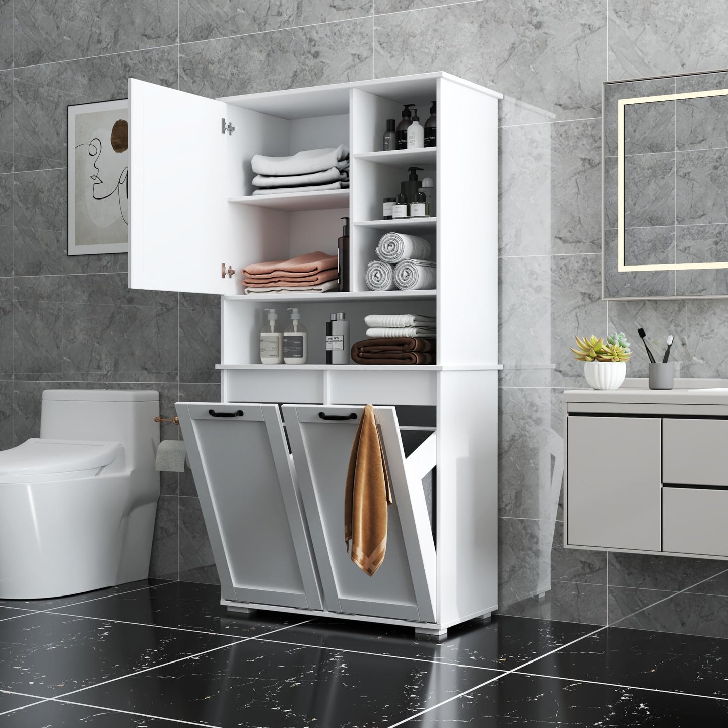 KEIKI 62.99'' H Laundry Cabinet with Doors and shelf, Tilt-Out Laundry Hamper, Multiple Storage Space, Freestanding Style, Open Shelve, Adjustable Shelf, White, (Style C)
