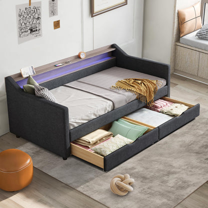 Ball & Cast Twin Size Daybed with Storage,Linen Upholstered Day Bed with 2 Drawers, Daybed Frame with USB Port and Smart LED Light,Wood Slat Support,No Box Spring Needed,Dark Grey