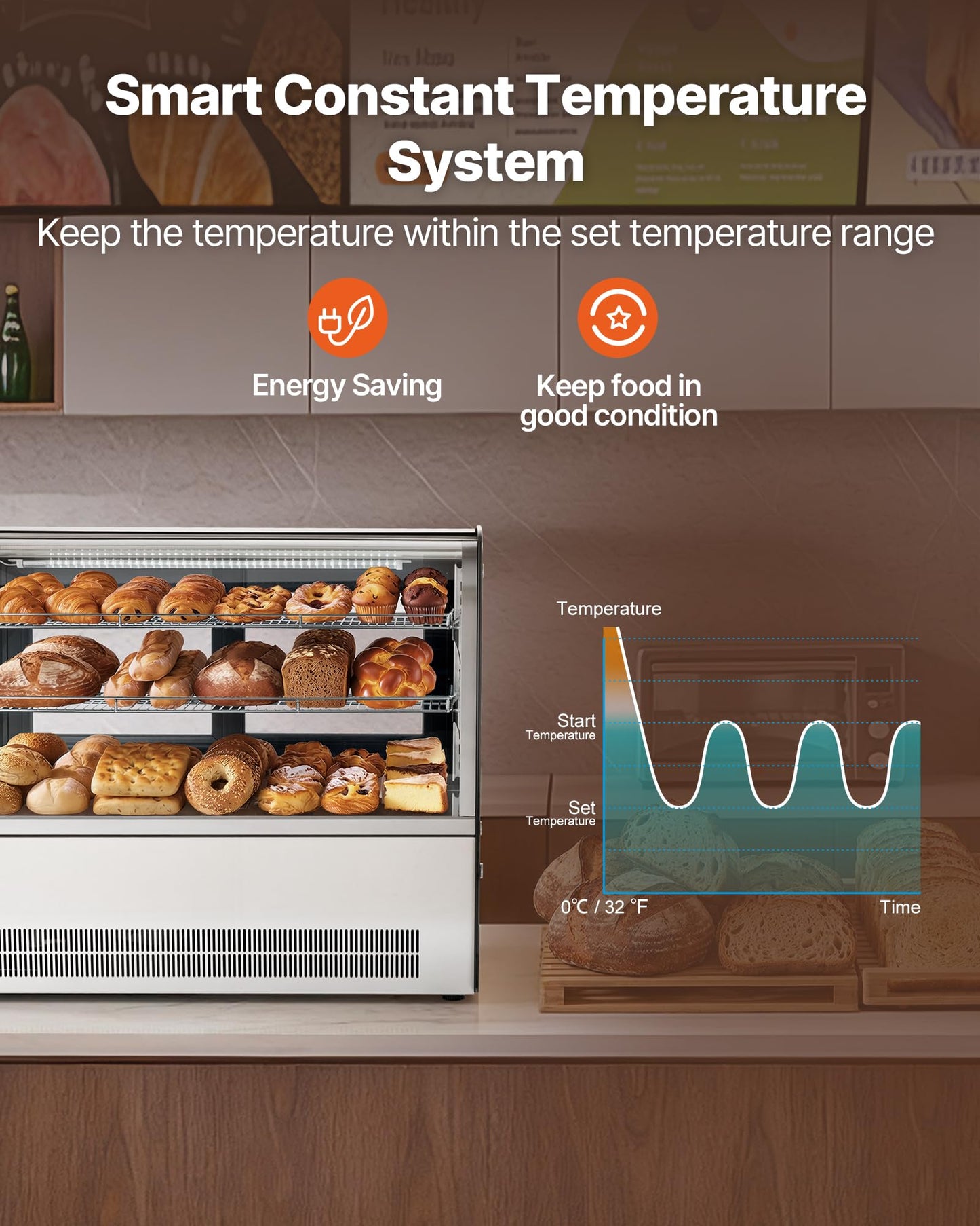 VEVOR Refrigerated Display Case, 5 Cu.Ft./145L Countertop Pastry Display Case, 2-Tier Commercial Cake Refrigerator with LED Lighting, TURBO Cooling, Frost-Free Air-Cooling, for Bakery, Dessert Shop