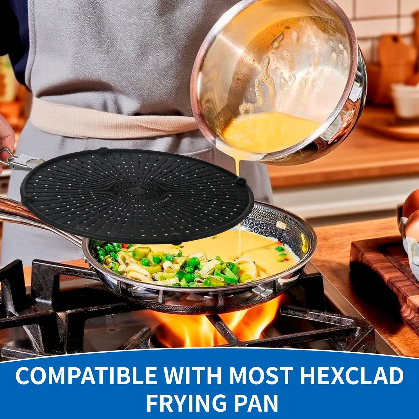 Splatter Screen Compatible with Hexclad,Heat Resistant Silicone with Folding Handle,Grease-Free Cooking,Dishwasher Safe,12.5 Inches,Black